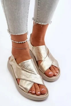 Damskie Zazoo 40392 Skórzane Sandały Damskie Złote