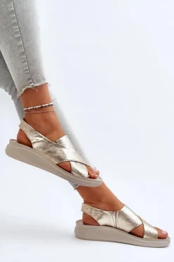 Damskie Zazoo 40392 Skórzane Sandały Damskie Złote