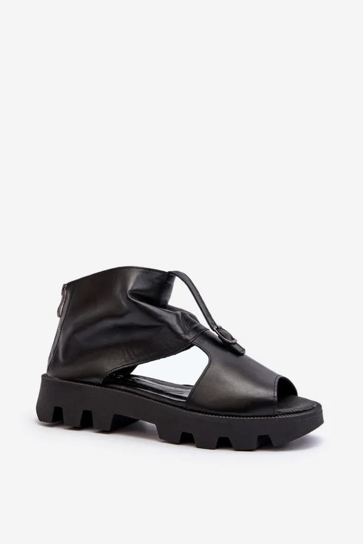 Zazoo Sandały Płaskie*999 Skórzane Sandały Damskie Z Zamkiem Czarne