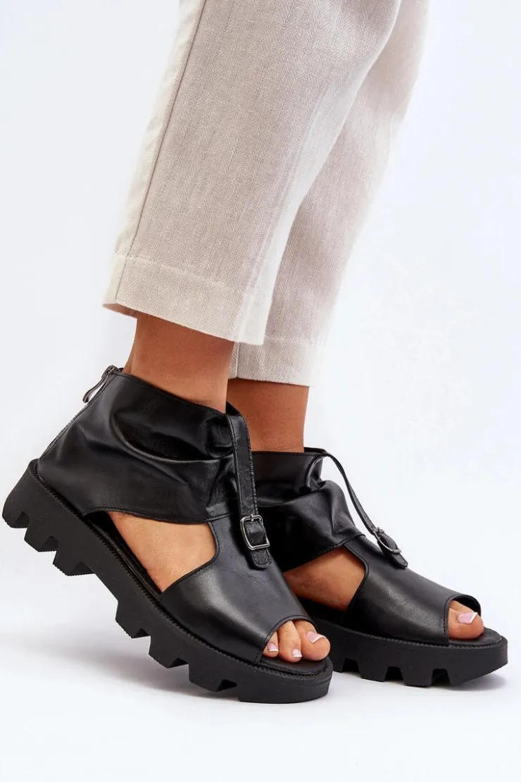 Zazoo Sandały Płaskie*999 Skórzane Sandały Damskie Z Zamkiem Czarne