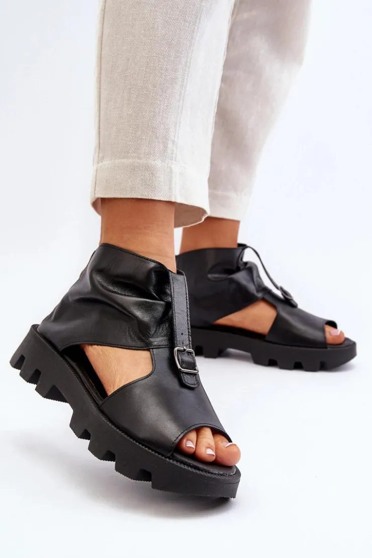 Zazoo Sandały Płaskie*999 Skórzane Sandały Damskie Z Zamkiem Czarne