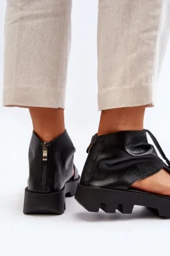 Zazoo Sandały Płaskie*999 Skórzane Sandały Damskie Z Zamkiem Czarne