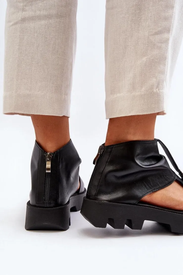 Zazoo Sandały Płaskie*999 Skórzane Sandały Damskie Z Zamkiem Czarne