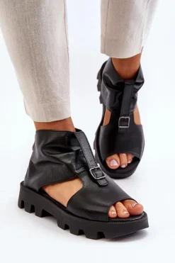 Zazoo Sandały Płaskie*999 Skórzane Sandały Damskie Z Zamkiem Czarne