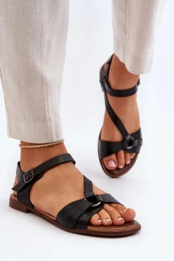 Damskie Zazoo 40182 Skórzane Sandały Damskie Czarne