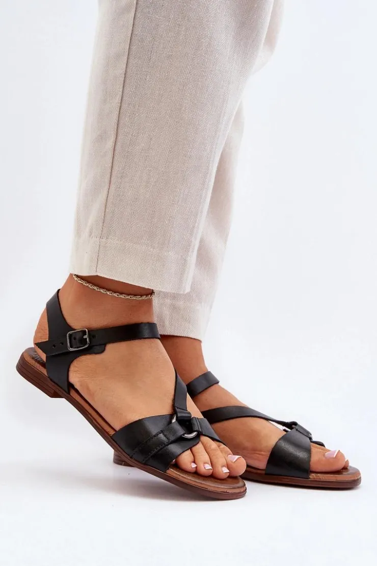 Damskie Zazoo 40182 Skórzane Sandały Damskie Czarne