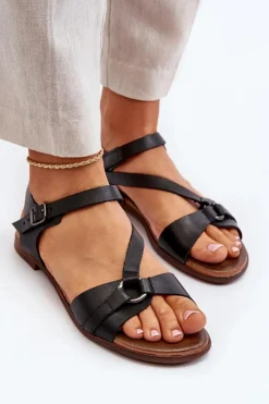 Damskie Zazoo 40182 Skórzane Sandały Damskie Czarne