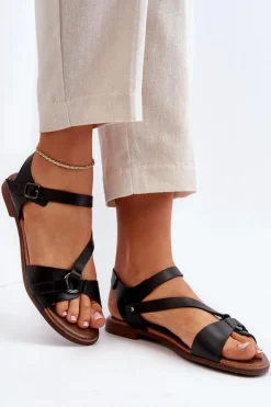 Damskie Zazoo 40182 Skórzane Sandały Damskie Czarne