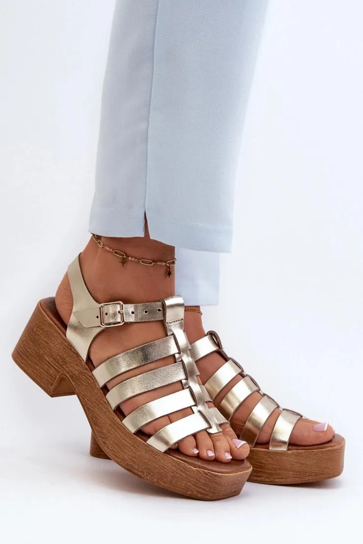 Zazoo Sandały Na Obcasie*40410 Skórzane Sandały Damskie Złote Złoty