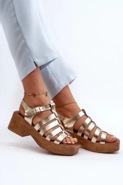 Zazoo Sandały Na Obcasie*40410 Skórzane Sandały Damskie Złote Złoty