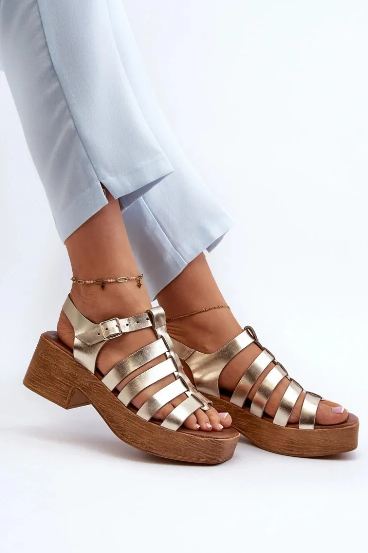 Zazoo Sandały Na Obcasie*40410 Skórzane Sandały Damskie Złote Złoty