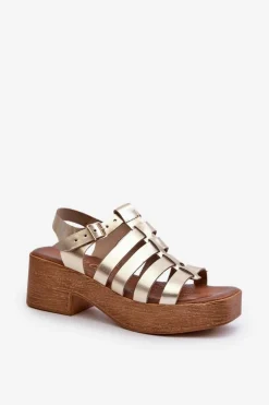 Zazoo Sandały Na Obcasie*40410 Skórzane Sandały Damskie Złote Złoty