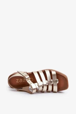 Zazoo Sandały Na Obcasie*40410 Skórzane Sandały Damskie Złote Złoty