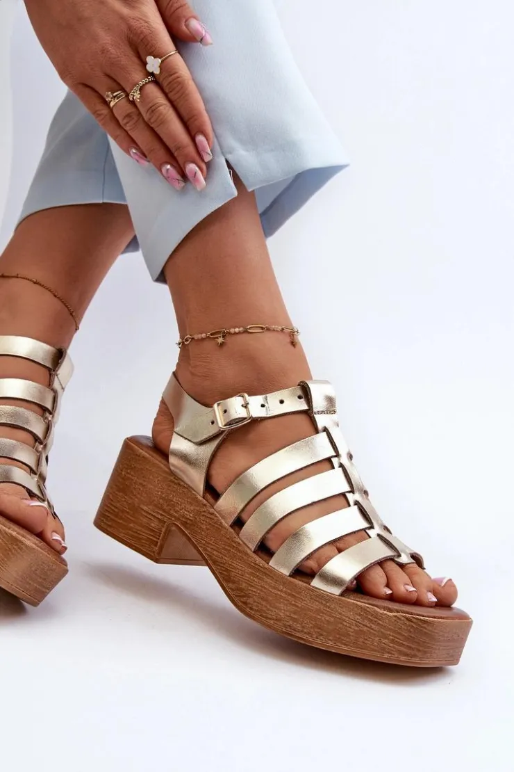 Zazoo Sandały Na Obcasie*40410 Skórzane Sandały Damskie Złote Złoty