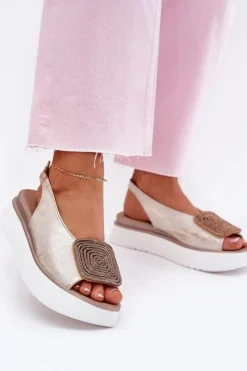 Zazoo Sandały Płaskie*1786 Skórzane Sandały Damskie Na Platformie Z Ozdobą Przecierany Złoty