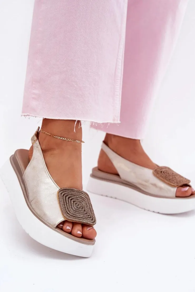 Zazoo Sandały Płaskie*1786 Skórzane Sandały Damskie Na Platformie Z Ozdobą Przecierany Złoty