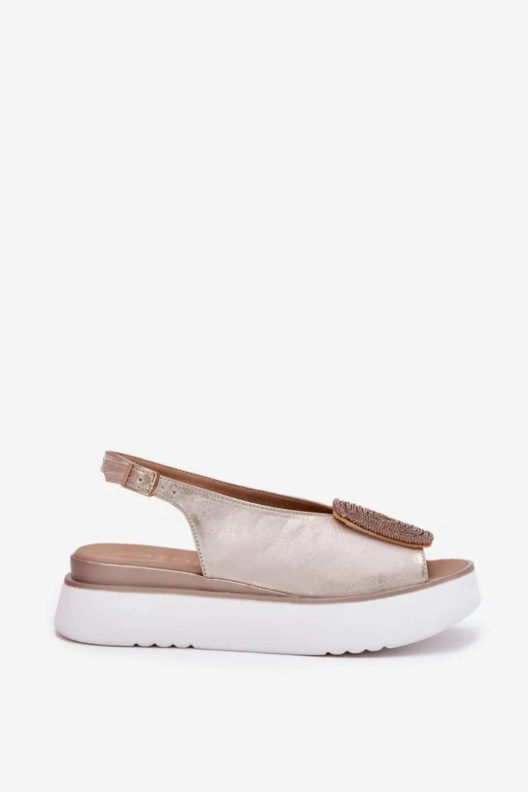 Zazoo Sandały Płaskie*1786 Skórzane Sandały Damskie Na Platformie Z Ozdobą Przecierany Złoty