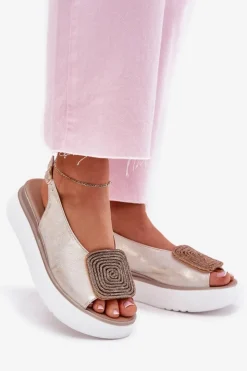 Zazoo Sandały Płaskie*1786 Skórzane Sandały Damskie Na Platformie Z Ozdobą Przecierany Złoty