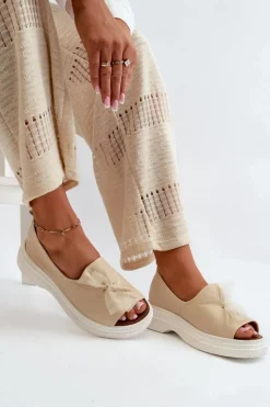 Damskie Zazoo 2939 Skórzane Sandały Damskie Z Kokardką Jasnobeżowe