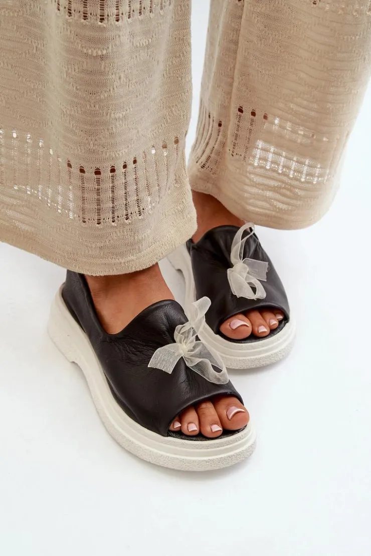 Best Zazoo 2939 Skórzane Sandały Damskie Z Kokardką Czarne Czarny