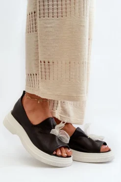 Best Zazoo 2939 Skórzane Sandały Damskie Z Kokardką Czarne Czarny