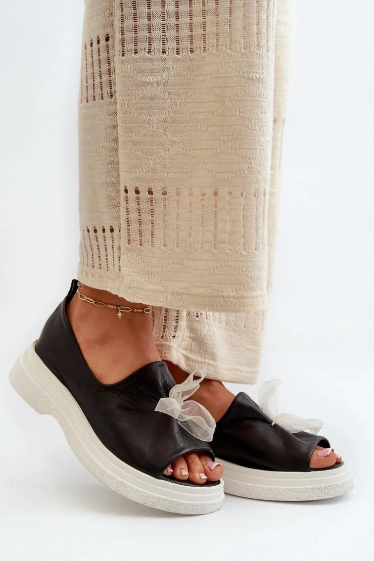 Best Zazoo 2939 Skórzane Sandały Damskie Z Kokardką Czarne Czarny