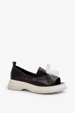 Best Zazoo 2939 Skórzane Sandały Damskie Z Kokardką Czarne Czarny