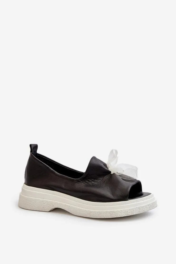 Best Zazoo 2939 Skórzane Sandały Damskie Z Kokardką Czarne Czarny