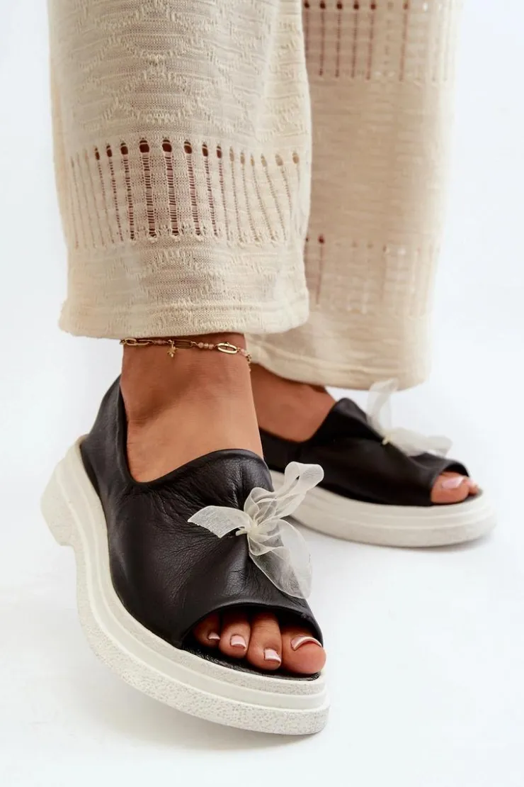 Best Zazoo 2939 Skórzane Sandały Damskie Z Kokardką Czarne Czarny