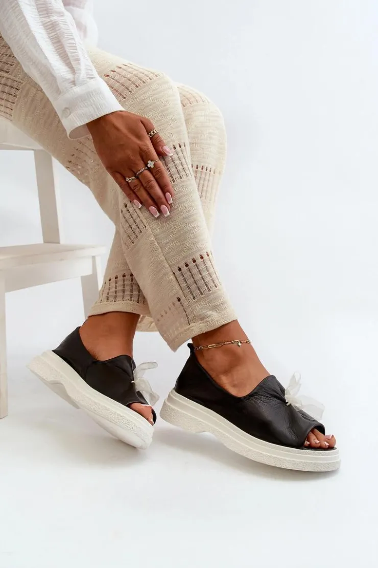 Best Zazoo 2939 Skórzane Sandały Damskie Z Kokardką Czarne Czarny