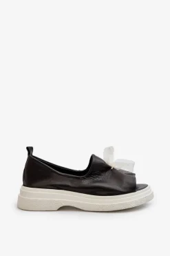 Best Zazoo 2939 Skórzane Sandały Damskie Z Kokardką Czarne Czarny