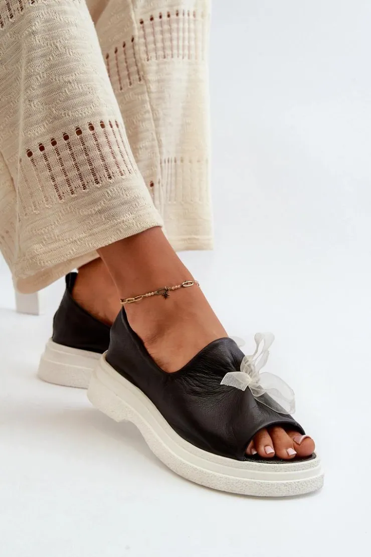 Best Zazoo 2939 Skórzane Sandały Damskie Z Kokardką Czarne Czarny