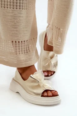 Zazoo Sandały Płaskie*2939 Skórzane Sandały Damskie Z Kokardką Złote