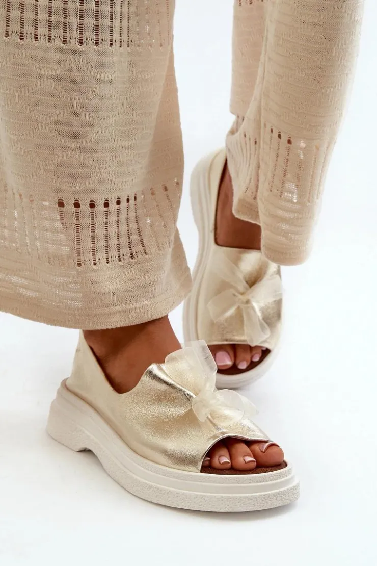 Zazoo Sandały Płaskie*2939 Skórzane Sandały Damskie Z Kokardką Złote