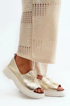 Zazoo Sandały Płaskie*2939 Skórzane Sandały Damskie Z Kokardką Złote