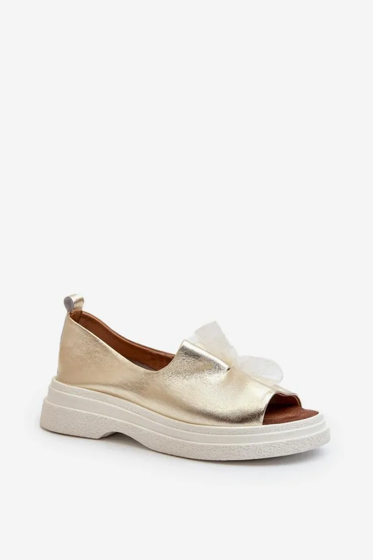 Zazoo Sandały Płaskie*2939 Skórzane Sandały Damskie Z Kokardką Złote