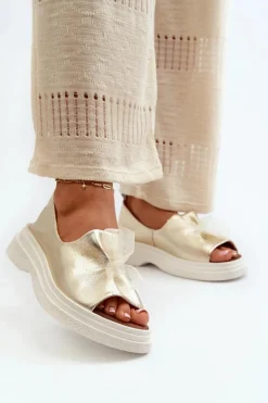 Zazoo Sandały Płaskie*2939 Skórzane Sandały Damskie Z Kokardką Złote