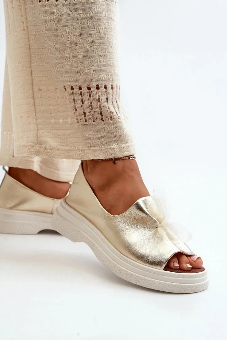 Zazoo Sandały Płaskie*2939 Skórzane Sandały Damskie Z Kokardką Złote