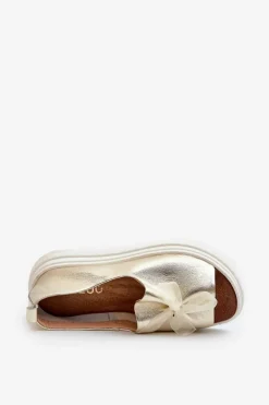 Zazoo Sandały Płaskie*2939 Skórzane Sandały Damskie Z Kokardką Złote