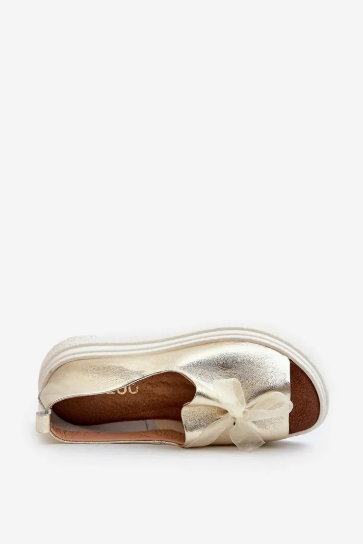 Zazoo Sandały Płaskie*2939 Skórzane Sandały Damskie Z Kokardką Złote