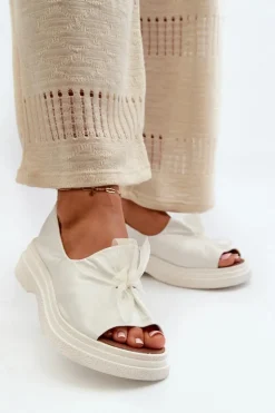 Clearance Zazoo 2939 Skórzane Sandały Damskie Z Kokardką Białe