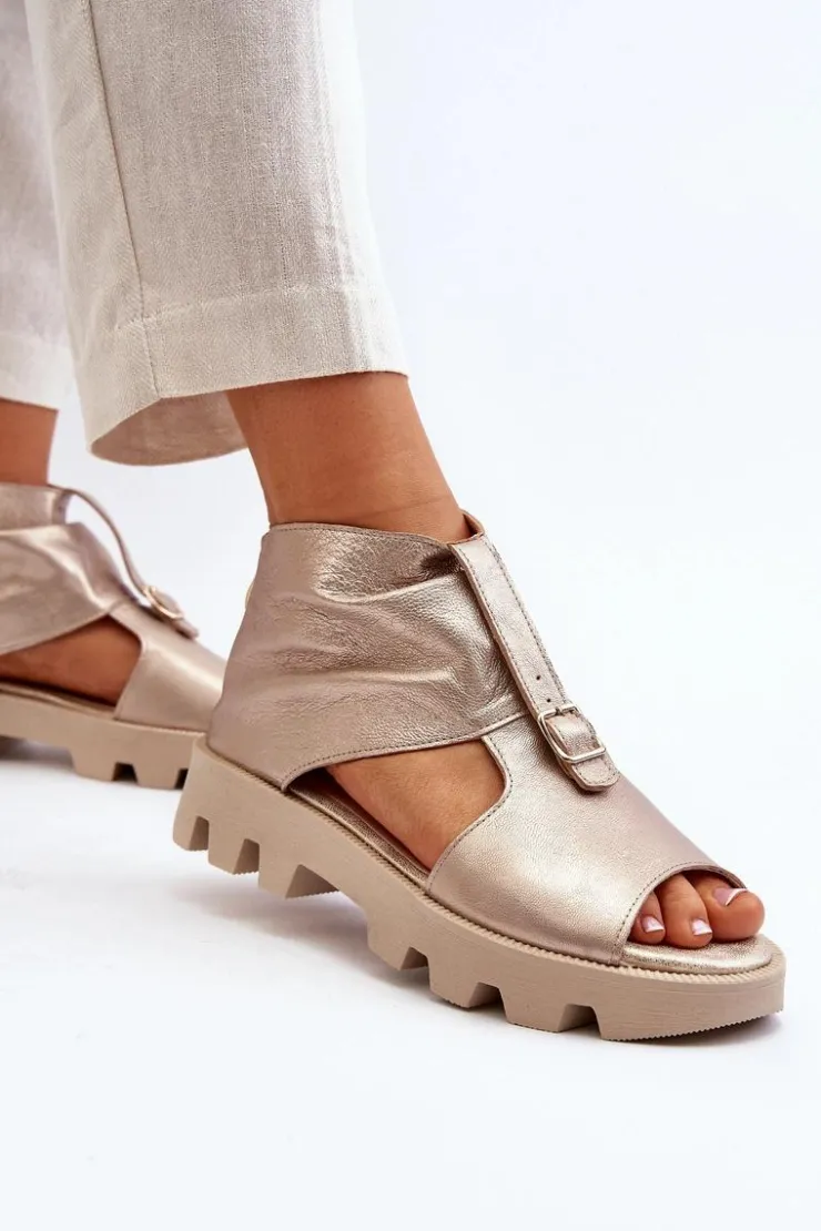 Outlet Zazoo 999 Skórzane Sandały Damskie Z Zamkiem Złote