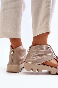 Outlet Zazoo 999 Skórzane Sandały Damskie Z Zamkiem Złote