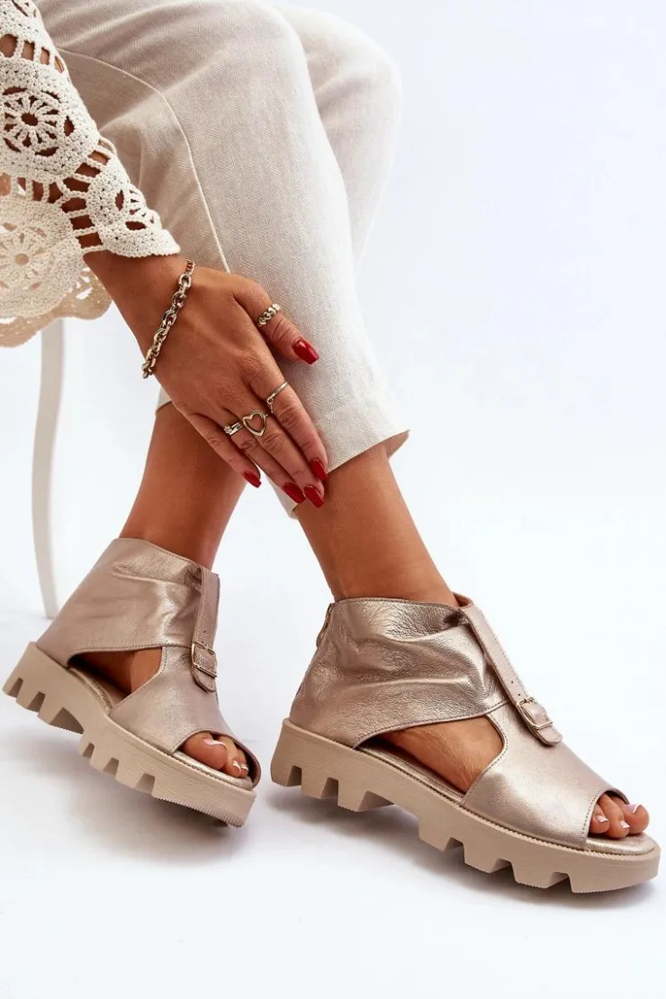 Outlet Zazoo 999 Skórzane Sandały Damskie Z Zamkiem Złote