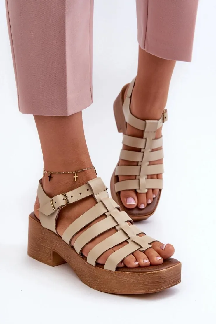 Damskie Zazoo 40410 Skórzane Sandały Damskie Beżowe