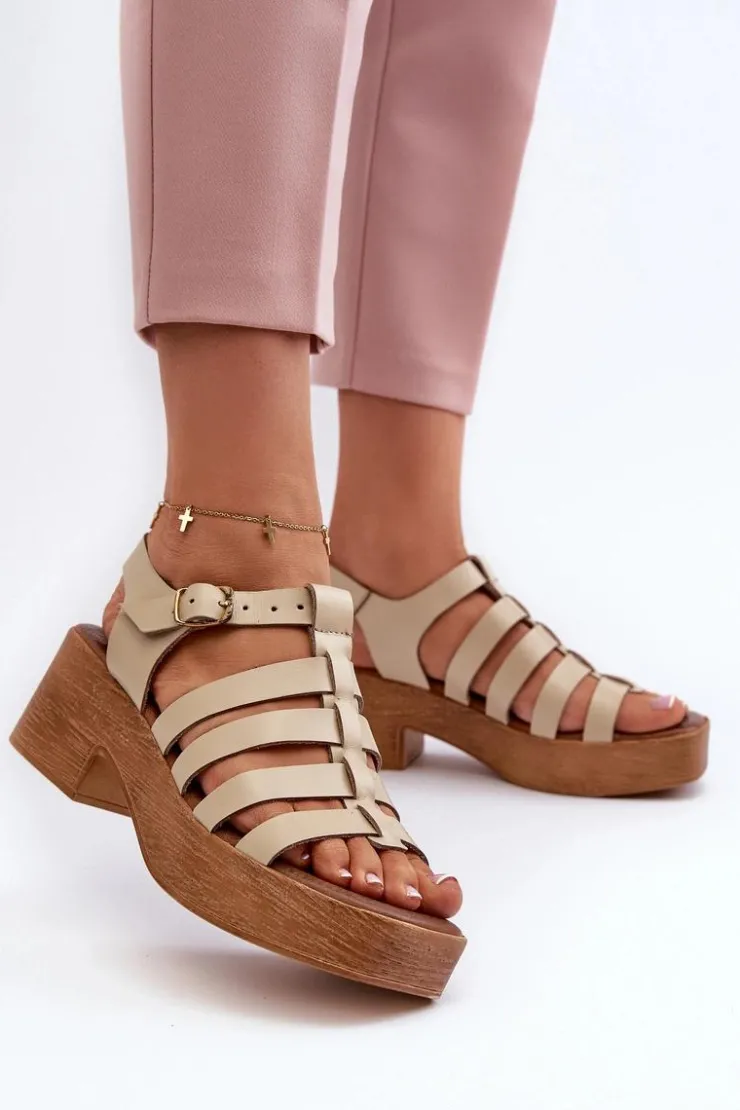 Damskie Zazoo 40410 Skórzane Sandały Damskie Beżowe