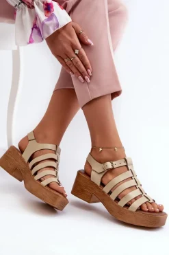 Damskie Zazoo 40410 Skórzane Sandały Damskie Beżowe