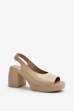 Hot Zazoo 40376 Skórzane Sandały Na Masywnym Obcasie Beżowe Beżowy