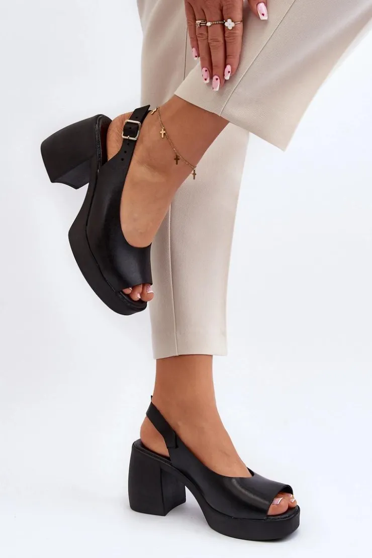 Outlet Zazoo 40376 Skórzane Sandały Na Masywnym Obcasie Czarne Czarny