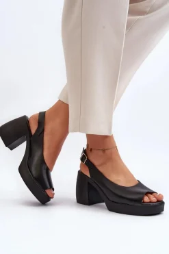 Outlet Zazoo 40376 Skórzane Sandały Na Masywnym Obcasie Czarne Czarny